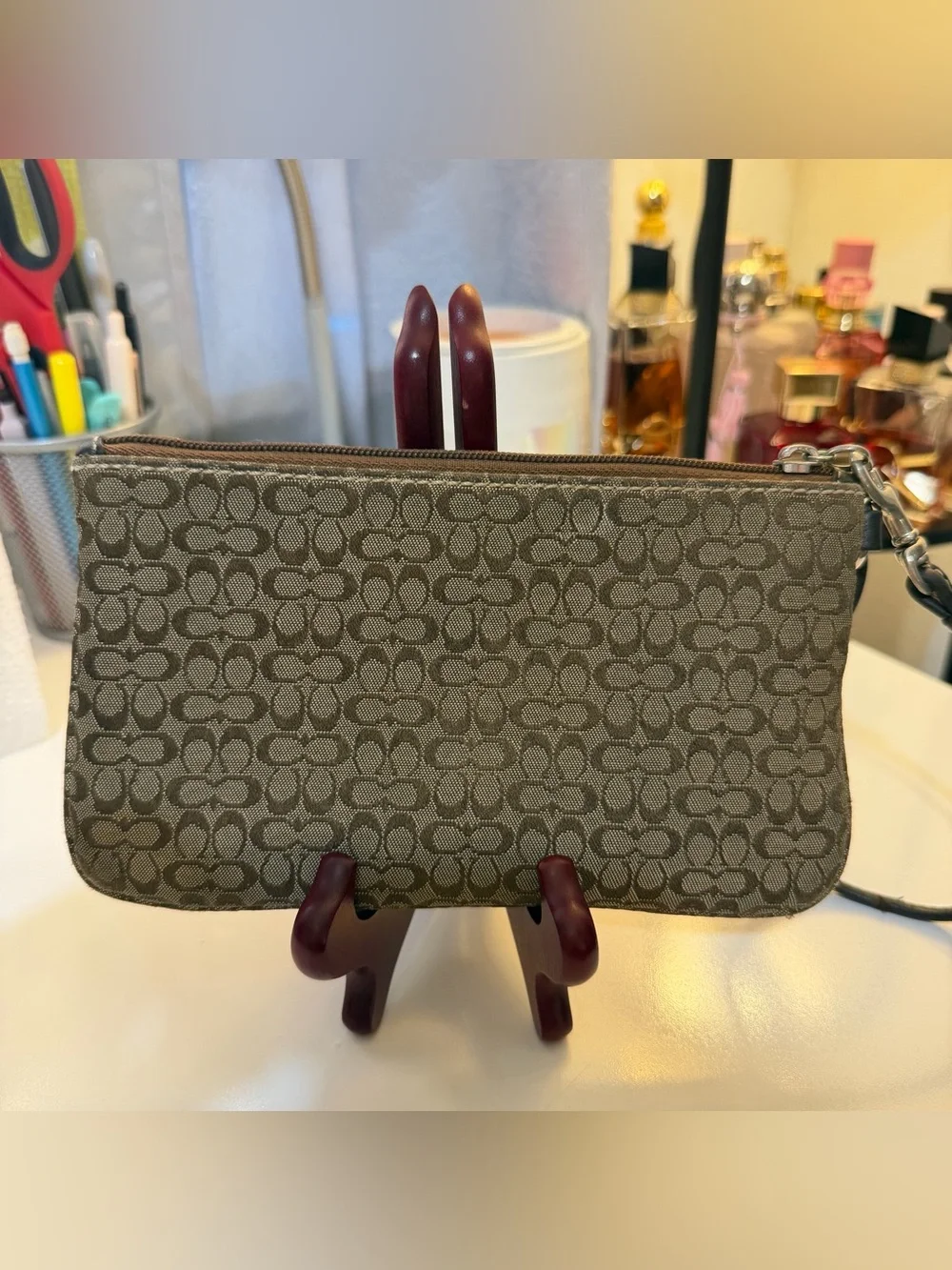 Coach Brown and Black Signature Canvas Wristlet with Buckle Detail
